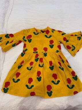 Mini Rodini Yellow Floral Bell-Sleeve Kids Dress